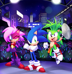 Size: 1600x1641 | Tagged: safe, artist:drawloverlala, manik the hedgehog, sonia the hedgehog, sonic the hedgehog, hedgehog, sonic underground, female, male, trio