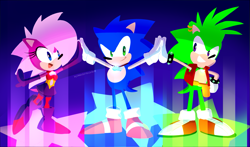 Size: 1895x1111 | Tagged: safe, artist:drawloverlala, sonia the hedgehog, sonic the hedgehog, hedgehog, sonic underground, cute, female, lineless, male, manic the hedgehog, manikbetes, sonabetes, soniabetes, trio