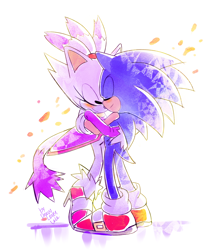 Size: 1444x1688 | Tagged: safe, artist:drawloverlala, blaze the cat, sonic the hedgehog, cat, hedgehog, blazeabetes, cute, duo, female, male, shipping, simple background, sonabetes, sonaze, straight, white background