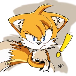 Size: 1280x1280 | Tagged: safe, artist:notnicknot, miles "tails" prower, fox, abstract background, angry, arms folded, exclamation mark, looking at viewer, male, messy fur, signature, solo