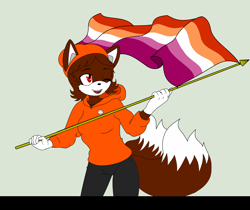 Size: 2792x2344 | Tagged: safe, artist:gothicsoulizzy, artist:taeko, oc, oc:tory fox, fox, base used, beanie, female, flat colors, gloves, green background, holding something, hoodie, lesbian pride, looking up, mobius.social exclusive, mouth open, no source, one eye closed, pants, pride, pride flag, pride pin, red eyes, simple background, solo, standing, trans female, transgender, two tails