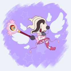 Size: 5000x5000 | Tagged: safe, artist:eggs-and-shrimp, dr. starline, angel wings, boots, bow, dress, glasses, holding something, looking at viewer, magical girl outfit, male, pink shoes, purple background, ribbon, salute, solo, star (symbol), tricore, wand, wings, wink