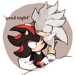 Size: 620x608 | Tagged: dead source, safe, artist:pinknuss, shadow the hedgehog, silver the hedgehog, hedgehog, 2016, abstract background, bed, blushing, cute, dialogue, duo, english text, eyes closed, gay, gloves, kiss on head, male, males only, mouth open, neck fluff, pillow, shadow x silver, shadowbetes, shipping, shocked, silvabetes, sitting, standing