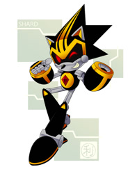 Size: 784x1065 | Tagged: safe, artist:kureejiilea, shard the metal, abstract background, clenched teeth, looking at viewer, robot, smile, solo, wink