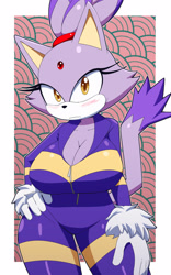 Size: 1000x1600 | Tagged: safe, artist:kojiro-brushard, blaze the cat, abstract background, busty blaze, huge breasts, looking at viewer, solo