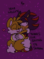 Size: 768x1024 | Tagged: dead source, safe, artist:tailsmybuddy67, miles "tails" prower, shadow the hedgehog, 2023, :3, blushing, cute, duo, english text, frown, gay, heart, hugging, purple background, shadow x tails, shadowbetes, shipping, simple background, smile, standing, tailabetes