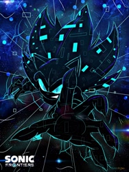 Size: 1536x2048 | Tagged: safe, artist:sethwijez, sonic the hedgehog, sonic frontiers, 2023, abstract background, blue sclera, clenched teeth, cyber form, cyber sonic, logo, male, reaching towards the viewer, solo, sonic frontiers: final horizon