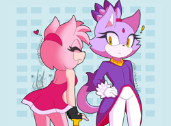 Size: 1024x757 | Tagged: safe, artist:jyllhedgehog367, amy rose, blaze the cat, cat, hedgehog, 2018, amy x blaze, amy's halterneck dress, blaze's tailcoat, cute, exclamation mark, eyes closed, female, females only, heart, lesbian, shipping