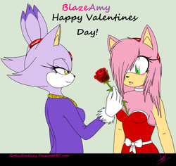 Size: 1024x968 | Tagged: safe, artist:gothicsoulizzy, amy rose, blaze the cat, cat, hedgehog, 2015, amy x blaze, blaze's tailcoat, cute, dress, female, females only, flower, lesbian, shipping, valentine's day