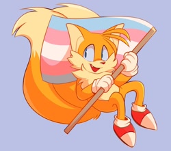 Size: 1300x1150 | Tagged: dead source, safe, artist:windyvaiieyy, miles "tails" prower, 2020, blue background, cute, dawww, flag, holding something, looking back, mouth open, one fang, pride, pride flag, simple background, smile, solo, tailabetes, trans pride, transgender