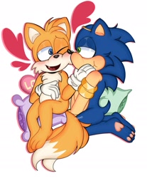 Size: 1200x1450 | Tagged: safe, artist:kentowo0, artist:ten_ko023, miles "tails" prower, sonic the hedgehog, 2023, barefoot, blushing, duo, gay, gloves off, heart, lidded eyes, looking at each other, one fang, pawpads, paws, pillow, shipping, sitting, smile, sonic x tails