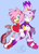 Size: 1000x1375 | Tagged: safe, artist:asb-fan, amy rose, blaze the cat, cat, hedgehog, 2017, amy x blaze, amy's halterneck dress, blaze's tailcoat, blue background, cute, duo, female, females only, frown, leaning, lesbian, looking at viewer, mouth open, one eye closed, open smile, shipping, simple background, smile