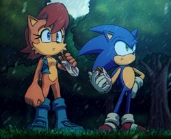 Size: 2385x1948 | Tagged: safe, artist:zapzzzzzz, sally acorn, sonic the hedgehog, chili dog, rain