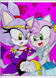 Size: 900x1240 | Tagged: safe, artist:aquaticsun, amy rose, blaze the cat, nimue, cat, hedgehog, 2012, amy x blaze, cute, dress, female, females only, hearts, holding hands, lesbian, shipping