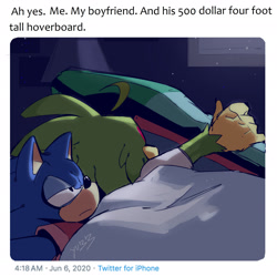 Size: 2048x2048 | Tagged: safe, artist:yu33_pm, jet the hawk, sonic the hedgehog, abstract background, ah yes. me. my girlfriend, bed, duo, english text, extreme gear, frown, gay, holding something, indoors, jet x sonic, lidded eyes, meme, shipping, signature, twitter