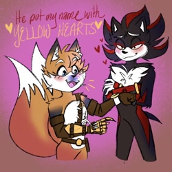 Size: 1024x1024 | Tagged: safe, artist:iam-allofme, miles "tails" prower, shadow the hedgehog, abstract background, arms folded, blushing, dialogue, duo, english text, gay, heart, prosthetic, shadow x tails, shipping, singing, song lyrics, sonic boom (tv), standing, yellow hearts (song)