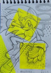 Size: 1439x2048 | Tagged: dead source, safe, artist:takosa, sonic the hedgehog, 2023, holding something, looking at viewer, pencilwork, signature, smile, solo, sonic riders, top surgery scars, traditional media, trans male, transgender