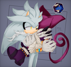 Size: 3701x3459 | Tagged: safe, artist:cutecryingboy, espio the chameleon, silver the hedgehog, the murder of sonic the hedgehog, 2023, abstract background, comforting, duo, gay, hugging, implied murder, lidded eyes, shipping, signature, silvio, standing