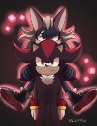 Size: 1000x1300 | Tagged: safe, artist:killusmile, infinite the jackal, shadow the hedgehog, cube, duo, flying, frown, gay, hands on another's shoulders, shadfinite, shipping, signature, simple background, standing