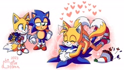 Size: 1920x1080 | Tagged: safe, artist:la_gata_golosa_, miles "tails" prower, sonic the hedgehog, 2023, abstract background, blushing, classic sonic, classic tails, flower bouquet, gay, heart, holding hands, hugging, looking at them, lying on them, modern sonic, modern tails, pout, self paradox, shipping, signature, smile, sonic x tails, sparkles, tailabetes