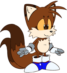 Size: 960x1045 | Tagged: safe, artist:triplettailedfox, miles "tails" prower, sonic mania adventures, 2023, beanbrows, blue shoes, brown fur, ear fluff, electrical gloves, mobius.social exclusive, redesign, simple background, smile, solo, transparent background, yellow sclera