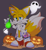 Size: 1869x2048 | Tagged: safe, artist:princess401, miles "tails" prower, fox, 2023, clothes, featured image, ghost, grass, grey background, grin, halloween, hand on hip, holding something, jack o'lantern, lab coat, lidded eyes, liquid, looking at viewer, male, pumpkin, signature, simple background, smile, smiling at viewer, stain, standing, trio
