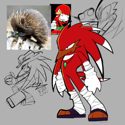 Size: 2048x2048 | Tagged: safe, artist:sodalmao, knuckles the echidna, echidna, anthro, bandage, cheek fluff, frown, grey background, hat, knuckles' hat, master emerald shard, necklace, paws, redesign, reference inset, simple background, sketch, solo, standing