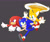 Size: 2048x1725 | Tagged: safe, artist:humancartoonart, knuckles the echidna, miles "tails" prower, sonic the hedgehog, echidna, fox, hedgehog, flying, gliding, grey background, male, running, trio