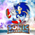 Size: 1440x1440 | Tagged: safe, artist:meanbeanman, sonic the hedgehog, sonic adventure, 2023, abstract background, devil horns (gesture), english text, logo, redraw, remake, smile, solo, uekawa style