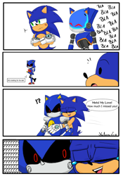 Size: 1080x1545 | Tagged: safe, artist:nataszaluiz, chaos sonic, metal sonic, sonic the hedgehog, sonic prime s2, black sclera, comic, crying, dialogue, english text, exclamation mark, gay, hugging, looking at them, metonic, panels, question mark, shipping, simple background, tears, tears of happiness, trio, white background