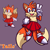Size: 2048x2048 | Tagged: safe, artist:skeletonpendeja, miles "tails" prower, anonymous editor, character name, color edit, edit, female, mobius.social exclusive, purple background, red shoes, simple background, skirt, smile, solo, trans female, transgender, v sign