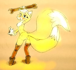 Size: 1379x1270 | Tagged: suggestive, artist:twisted-wind, miles "tails" prower, oc, oc:twisted tails, 2012, blushing, breasts, butt, featureless breasts, featureless crotch, gender swap, holding something, looking back at viewer, older, standing, sweat, wrench