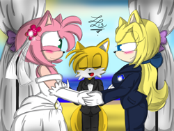 Size: 2000x1500 | Tagged: safe, artist:lupitamota, amy rose, maria robotnik, miles "tails" prower, oc, oc:maria the hedgehog, hedgehog, 2019, abstract background, blushing, eyes closed, holding something, lesbian, looking at each other, mariamy, shipping, signature, standing, trio, wedding, wedding dress, wedding suit