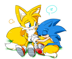 Size: 840x700 | Tagged: safe, artist:kensan, miles "tails" prower, sonic the hedgehog, 2013, blushing, cute, duo, eyes closed, floppy ears, gay, holding hands, hugging tail, lidded eyes, looking at them, mouth open, shipping, simple background, sitting, sleeping, smile, sonabetes, sonic x tails, tailabetes, white background