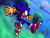 Size: 1280x960 | Tagged: safe, artist:skeletonpendeja, sonic the hedgehog, abstract background, clenched teeth, clouds, dark skin, eyelashes, looking ahead, male, smile, soap shoes, solo, yellow gloves