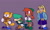 Size: 1600x960 | Tagged: safe, artist:skeletonpendeja, belle the tinkerer, kit the fennec, maria robotnik, ray the flying squirrel, human, dark skin, disabled, eyelashes, frown, group, hair over eyes, looking ahead, purple background, simple background, smile, standing, walking cane