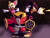 Size: 1280x960 | Tagged: safe, artist:skeletonpendeja, e-123 omega, rouge the bat, shadow the hedgehog, abstract background, agender, dark skin, female, gun, heart nose, holding something, mouth open, riding on shoulder, robot, shooting, smile, sparks, tan skin, team dark, trio, yellow sclera