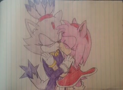 Size: 1280x935 | Tagged: safe, artist:kainic-acid, amy rose, blaze the cat, cat, hedgehog, 2016, amy x blaze, amy's halterneck dress, blaze's tailcoat, cute, eyes closed, female, females only, hand on shoulder, kiss, lesbian, shipping, traditional media