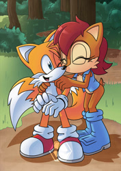 Size: 637x900 | Tagged: safe, artist:darknoiseuk, miles "tails" prower, sally acorn, cute, funny kiss, not shipping, platonic, sally's vest and boots