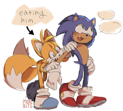 Size: 1602x1444 | Tagged: safe, artist:mealbits, miles "tails" prower, sonic the hedgehog, alternate shoes, biting, duo, english text, one fang, sharp teeth, signature, simple background, speech bubble, standing, this will end in pain, white background