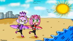 Size: 1280x726 | Tagged: safe, artist:goddessprincesslulu, amy rose, blaze the cat, cat, hedgehog, 2019, amy x blaze, beach, cute, female, females only, lesbian, shipping, sun, surfboard