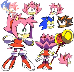 Size: 2048x2005 | Tagged: safe, artist:cody collins, amy rose, shadow the hedgehog, sonic the hedgehog, hedgehog, alternate hairstyle, boots, disembodied head, dress, excited, frown, full body, green eyes, hair tuft, hairband, hedgehog ears, multiple views, open mouth, piko piko hammer, pink fur, profile, red dress, redesign, smile, spiked fur, view from behind, view from front