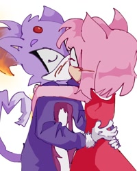 Size: 1080x1350 | Tagged: safe, artist:tabyrobie, amy rose, blaze the cat, cat, hedgehog, 2023, amy x blaze, amy's halterneck dress, blaze's tailcoat, blushing, cute, eyes closed, female, females only, hand on shoulder, hands on back, kiss, lesbian, shipping