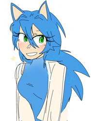 Size: 1408x1877 | Tagged: safe, artist:kptya, sonic the hedgehog, human, blushing, gender swap, humanized, looking offscreen, partially humanized, simple background, smile, solo, star (symbol), white background