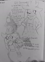 Size: 1504x2048 | Tagged: safe, artist:planetsolarcringe, silver the hedgehog, 2023, character name, dress, english text, eyelashes, jacket, line art, pencilwork, skirt, smile, solo, traditional media, trans female, transgender, wink