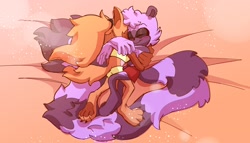 Size: 2048x1170 | Tagged: safe, artist:sadmachlne666, tangle the lemur, whisper the wolf, 2023, barefoot, bed, blushing, claws, duo, eyes closed, four toes, hugging, lesbian, lying down, pawpads, paws, shipping, smile, snuggling, tangle x whisper