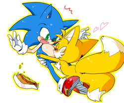 Size: 840x700 | Tagged: safe, artist:kensan, miles "tails" prower, sonic the hedgehog, 2013, blushing, chili dog, duo, eyes closed, gay, heart, hugging, looking at them, outline, shipping, simple background, sonic x tails, surprise hug, sweatdrop, white background