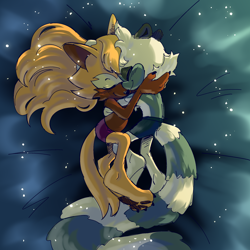 Size: 2000x2000 | Tagged: safe, artist:projectshadovv, tangle the lemur, whisper the wolf, abstract background, barefoot, blushing, claws, cute, duo, eyes closed, four toes, holding each other, lesbian, pawpads, paws, shipping, smile, sparkles, tangabetes, tangle x whisper, whispabetes