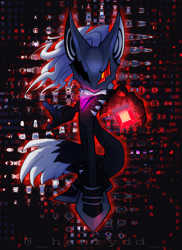 Size: 2048x2810 | Tagged: safe, artist:hanrydd, infinite the jackal, abstract background, cube, glowing, holding something, looking at viewer, outline, phantom ruby, solo