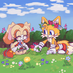 Size: 2048x2048 | Tagged: dead source, safe, artist:chibi-0004, cream the rabbit, miles "tails" prower, blushing, clouds, creamabetes, cute, daytime, duo, eyes closed, flower, flower crown, grass, heart, kneeling, looking at them, not shipping, outdoors, tailabetes, tree